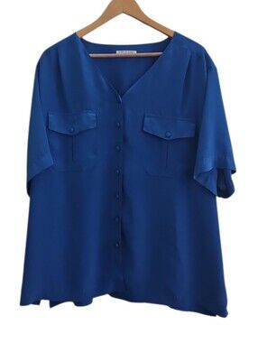 Vintage Ship'n Shore Royal Blue Satin Button Front Blouse Plus Size 4x Workwear